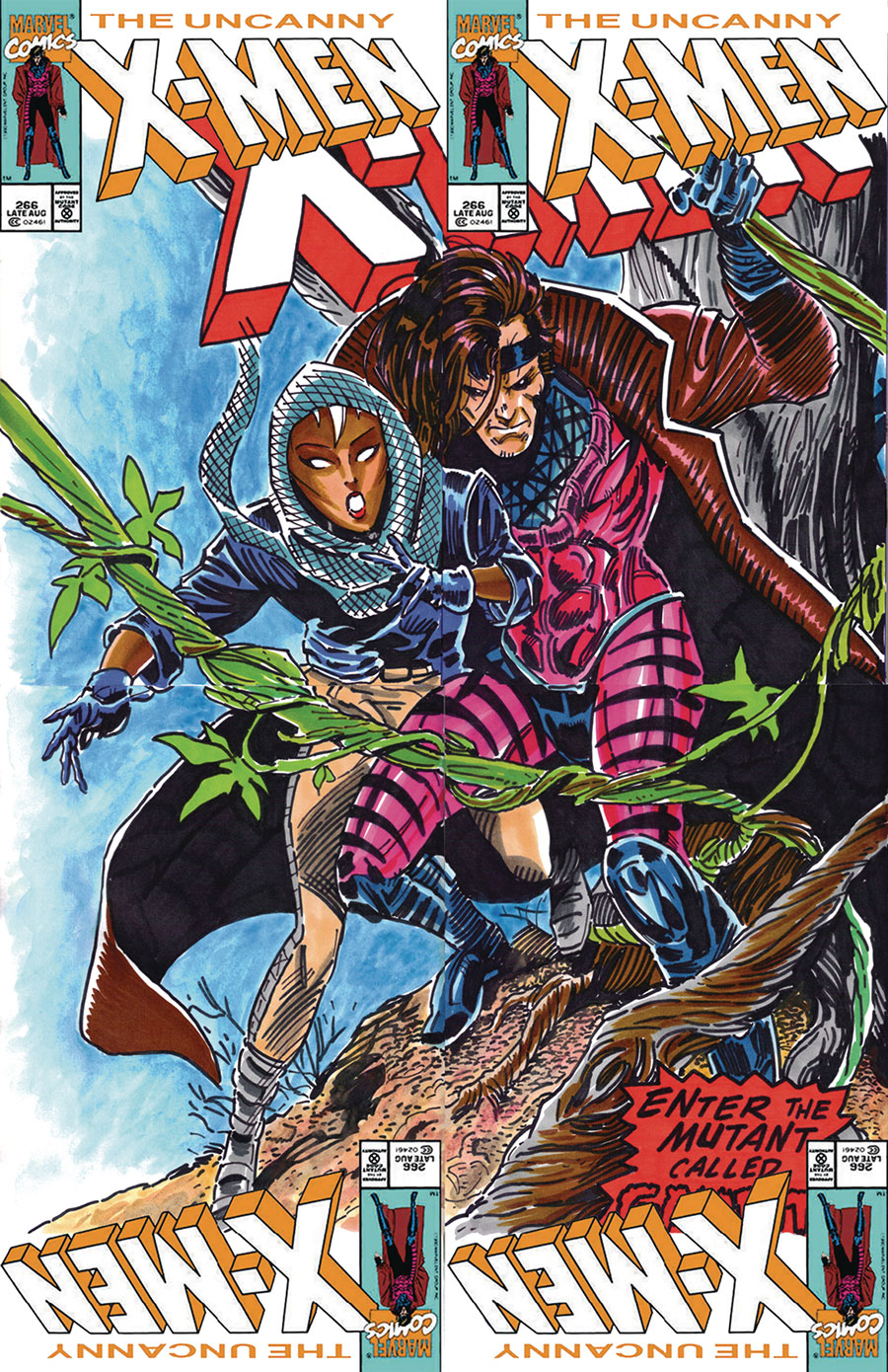 Marvel Comics Commissioned Cover Art 4-Part Connecting Set Signed & Remarked By Ken Haeser With An Uncanny X-Men 266 Homage Hand-Drawn Sketch