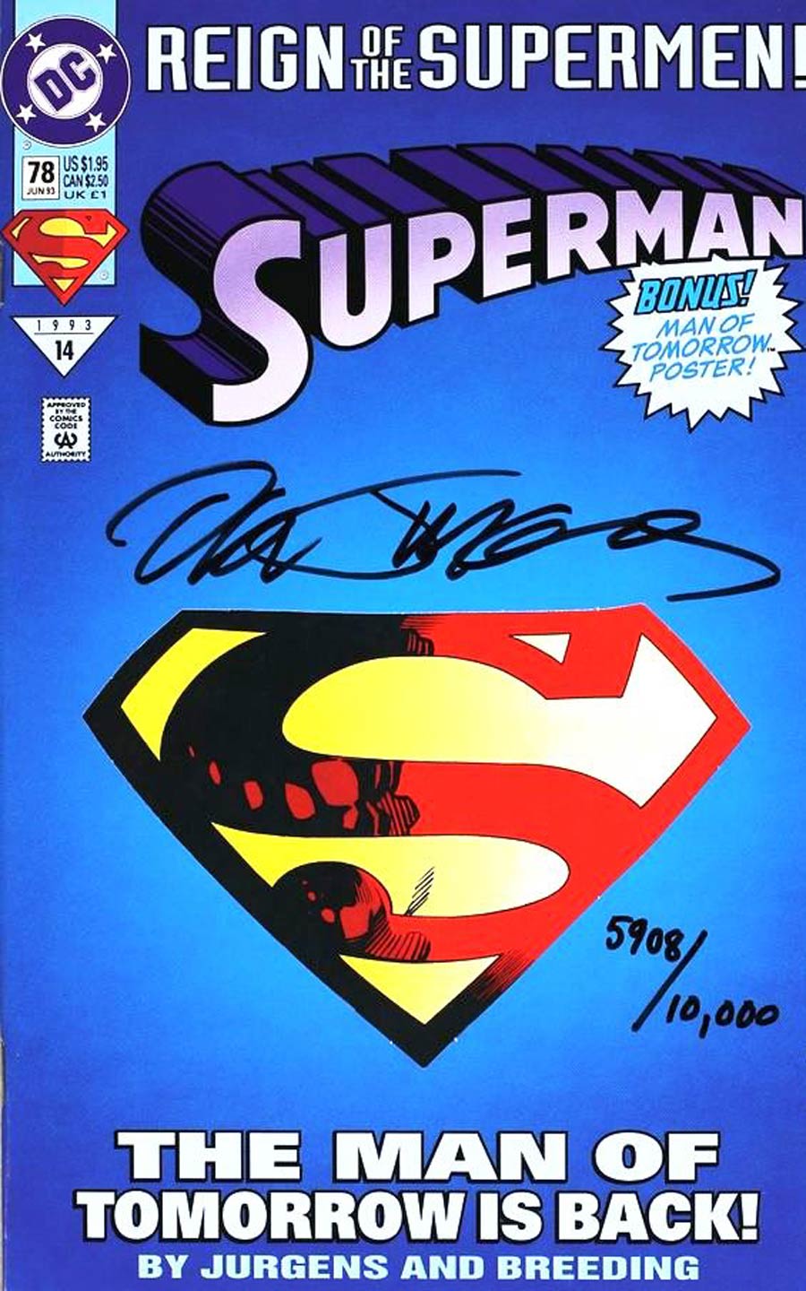Superman Vol 2 #78 Cover D Collectors Edition DF Signed Dan Jurgens With COA