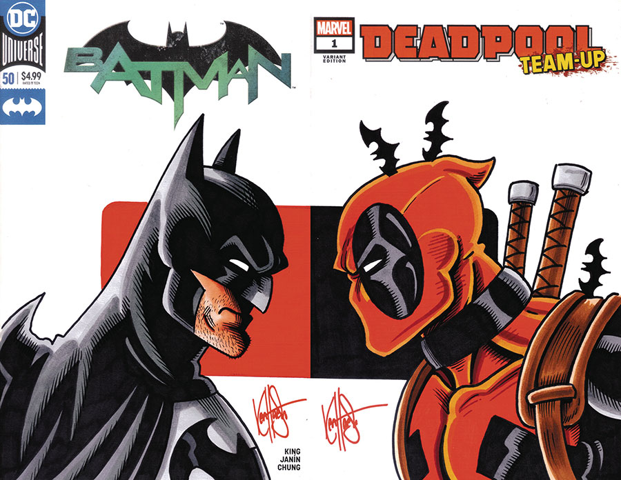 Marvel DC Comics Commissioned Cover Art 2-Part Connecting Sketch Set Signed & Remarked By Ken Haeser With A Deadpool vs Batman Hand-Drawn Sketch