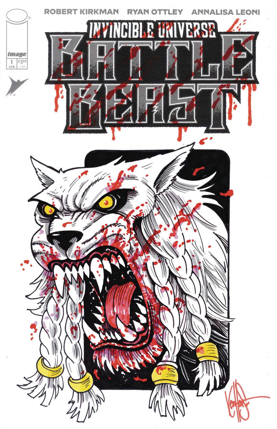 Invincible Universe Battle Beast #1 Cover S DF Blank Commissioned Cover Art Signed & Remarked By Ken Haeser With A Battle Beast Hand-Drawn Sketch