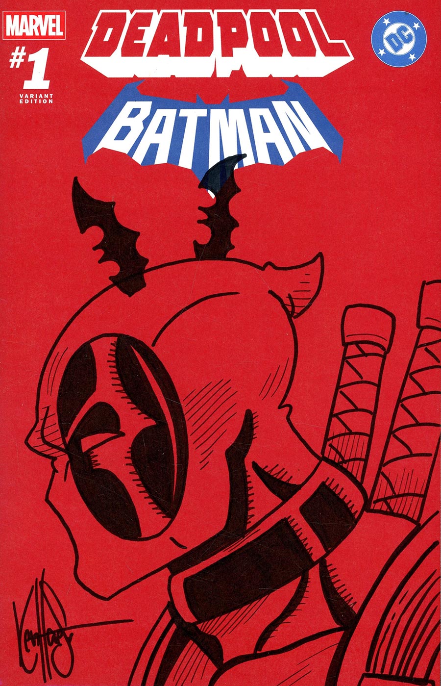 Marvel DC Deadpool Batman #1 (One Shot) Cover Z-D DF Red Blank 2-Cover Set Signed & Remarked By Ken Haeser With Deadpool vs Batman Hand-Drawn Sketch