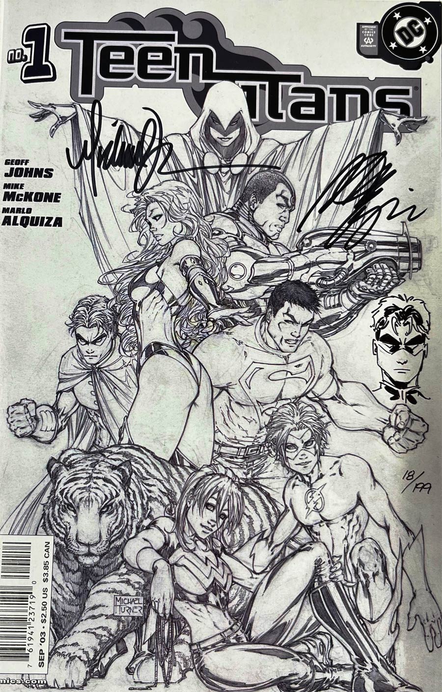 Teen Titans Vol 3 #1 Cover F DF Exclusive Signed and Remarked by Michael Turner and Marlo Alquiza (Robin Sketch) (W/CoA)