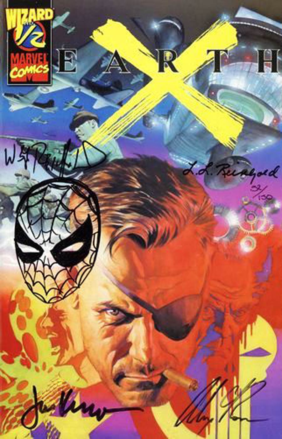 Earth X #1/2 Cover F Wizard Exclsive DF Signed By Jim Krueger Alex Ross Bill Rheinhold And Sketched by Bill Rheinhold No COA