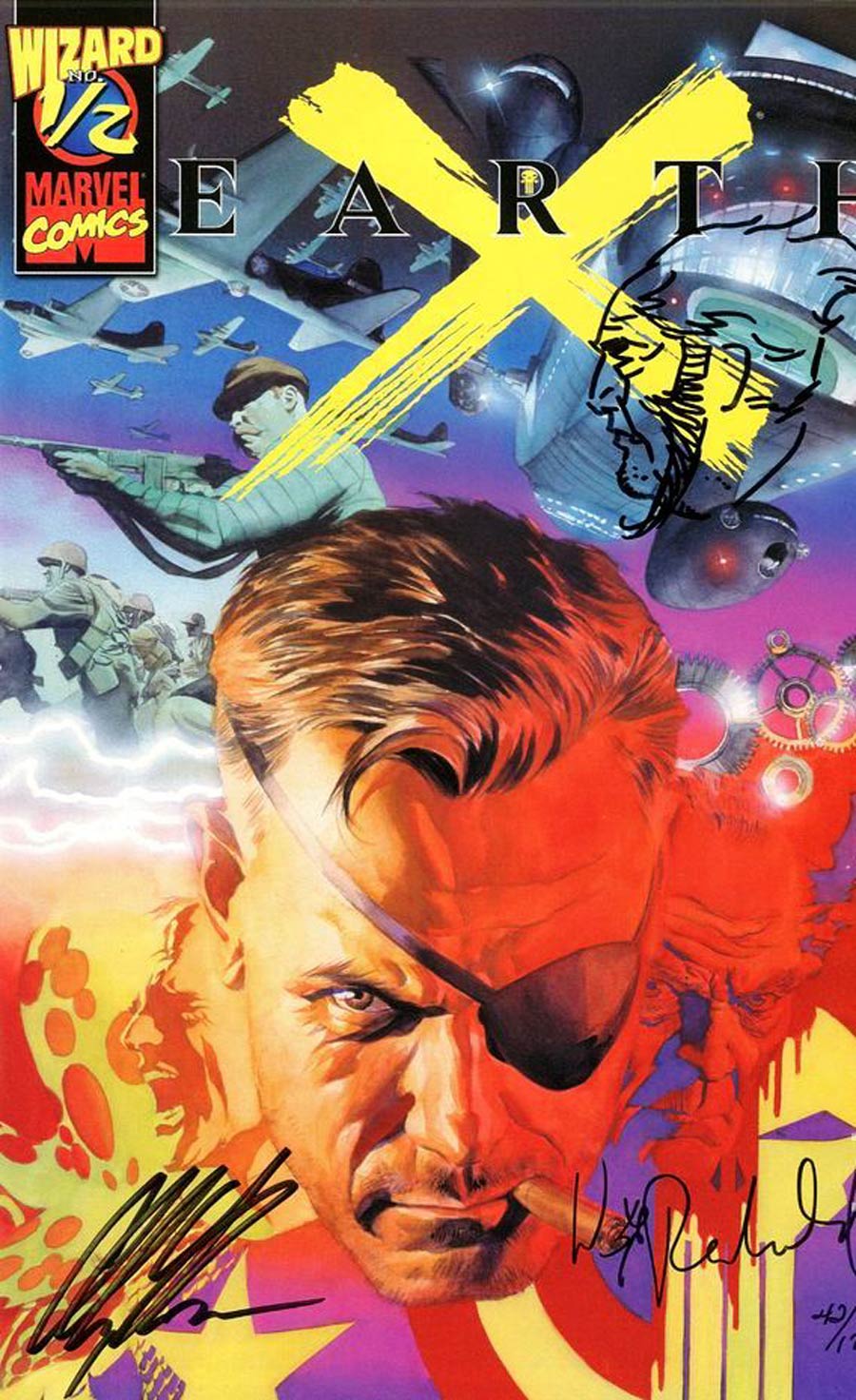 Earth X #1/2 Cover H Wizard Exclsive DF Signed By Alex Ross Bill Rheinhold And Remarqued By Bill Rheinhold No COA