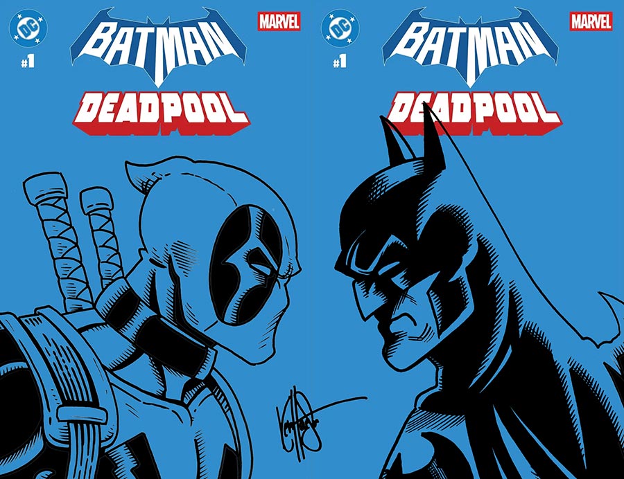 DC Marvel Batman Deadpool #1 (One Shot) Cover W DF Blue Blank 2-Cover Set Signed & Remarked By Ken Haeser With A Deadpool vs Batman Hand-Drawn Sketch