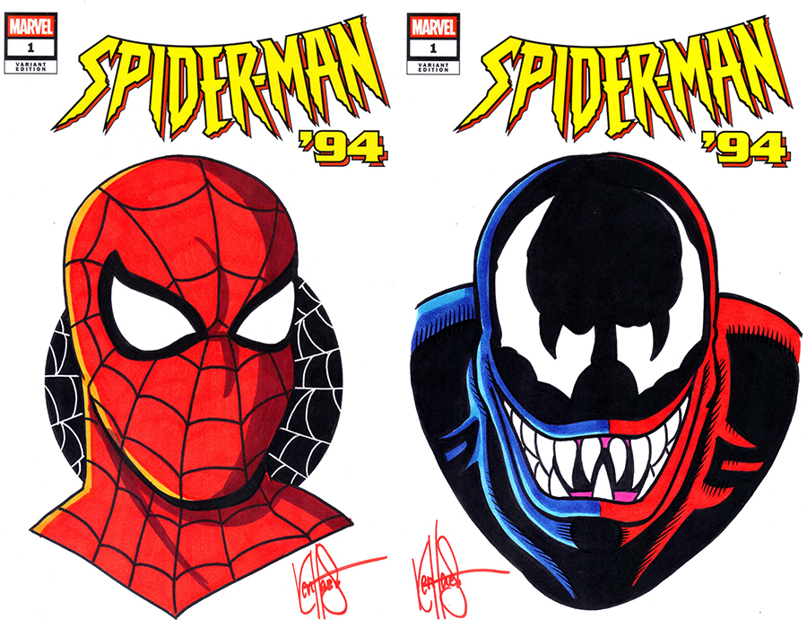 Spider-Man 94 #1 Cover K DF Dual Blank Variant Cover Set Signed & Remarked By Ken Haeser With Spider-Man 94 & Venom 94 Hand-Drawn Sketches