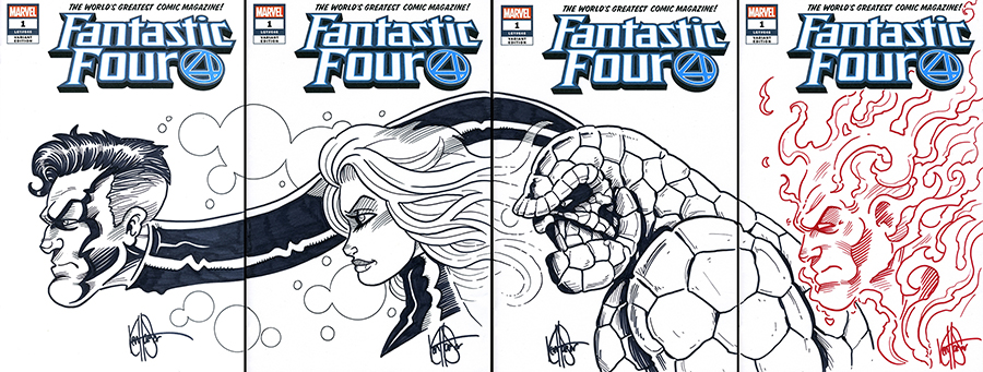Fantastic Four Vol 6 #1 Cover Z-T DF 4-Piece Blank Variant Cover Set Signed & Remarked By Ken Haeser With Connecting Team Hand-Drawn Sketches