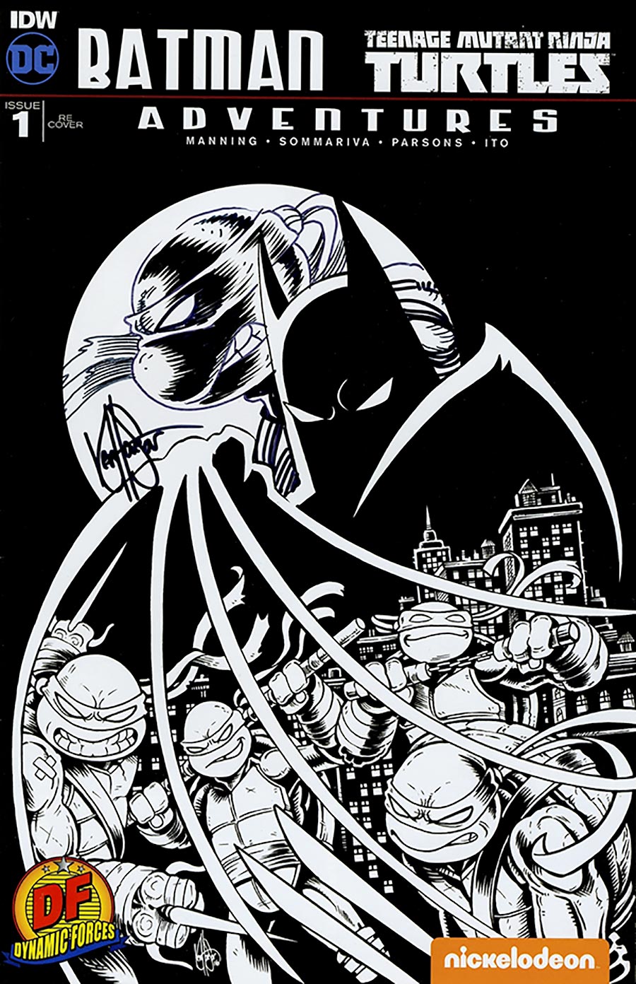 Batman Teenage Mutant Ninja Turtles Adventures #1 Cover R DF Exclusive B&W Cover Signed & Remarked By Ken Haeser With A TMNT Head Hand-Drawn Sketch