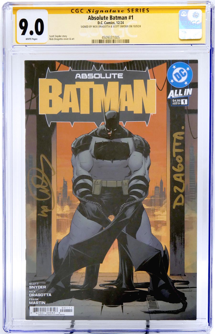 Absolute Batman #1 Cover Z-X Regular Nick Dragotta Cover CGC Signature Series 9.0 Signed By Scott Snyder & Nick Dragotta (DC All In)