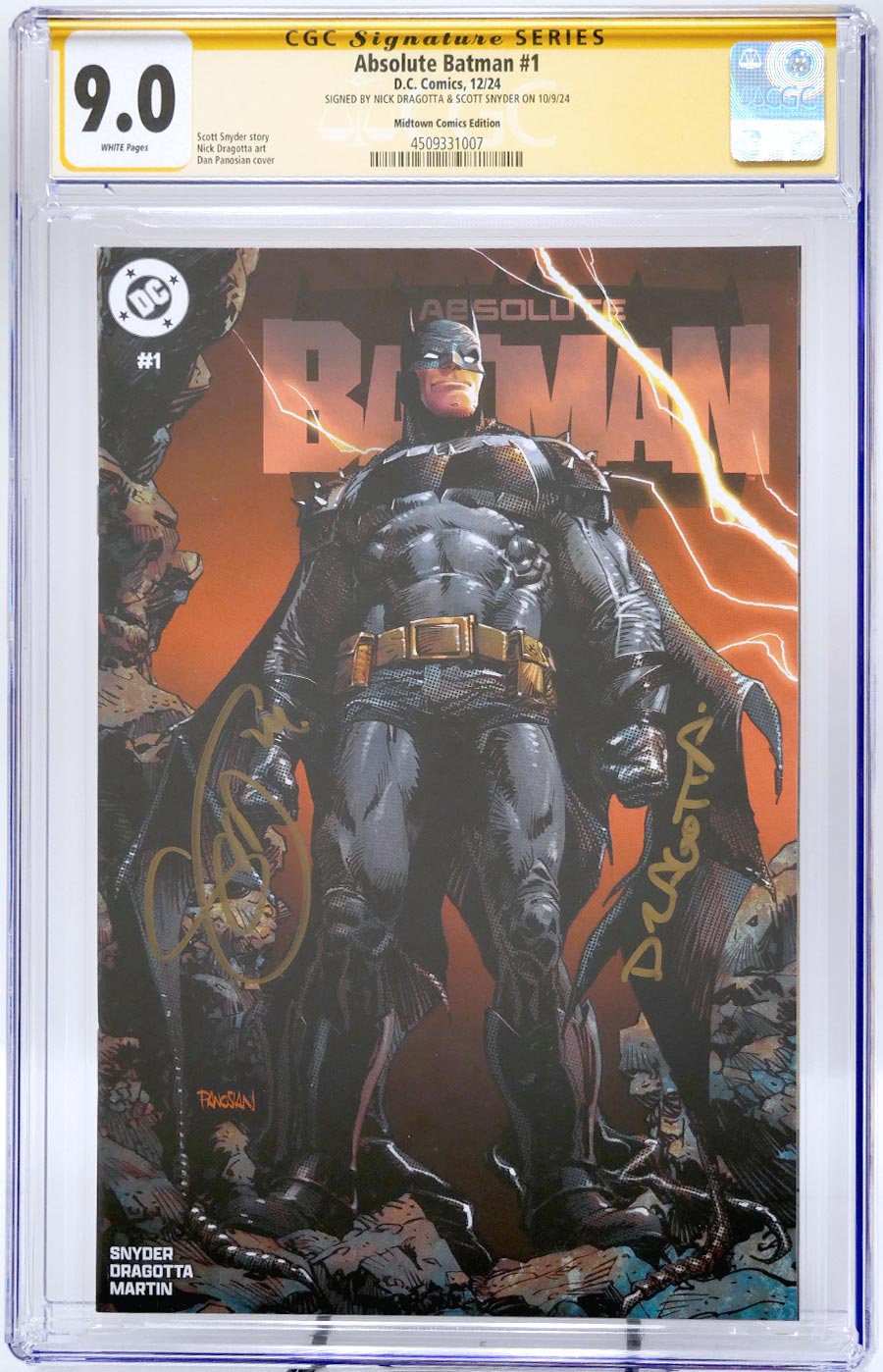 Absolute Batman #1 Cover Z-Y Midtown Exclusive Dan Panosian Connecting Cover CGC Signature Series 9.0 Signed By Scott Snyder & Nick Dragotta