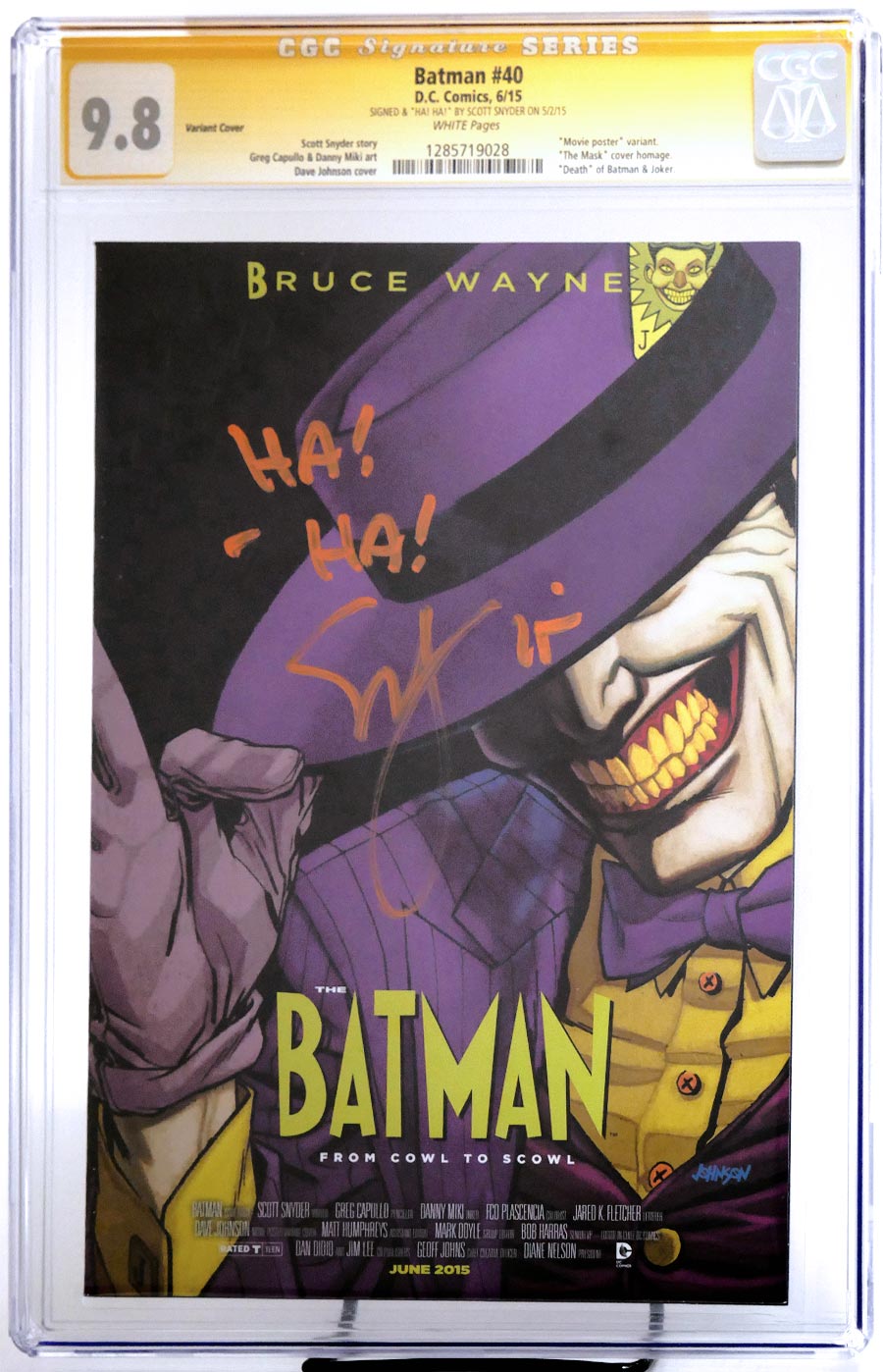 Batman Vol 2 #40 Cover H Variant The Mask WB Movie Poster Cover CGC Signature Series 9.8 Signed By Scott Snyder (Endgame Tie-In)