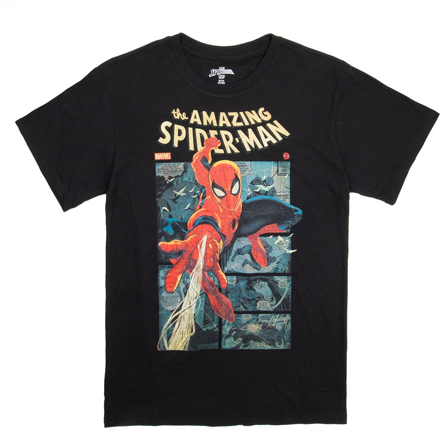 Marvel Spider-Man Swinging Through The Comic Panels Black Mens T-Shirt Large