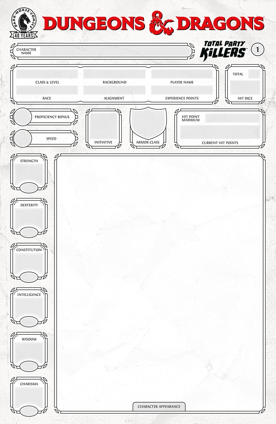 Dungeons & Dragons Total Party Killers #1 Cover E Variant Blank Character Sheet Cover