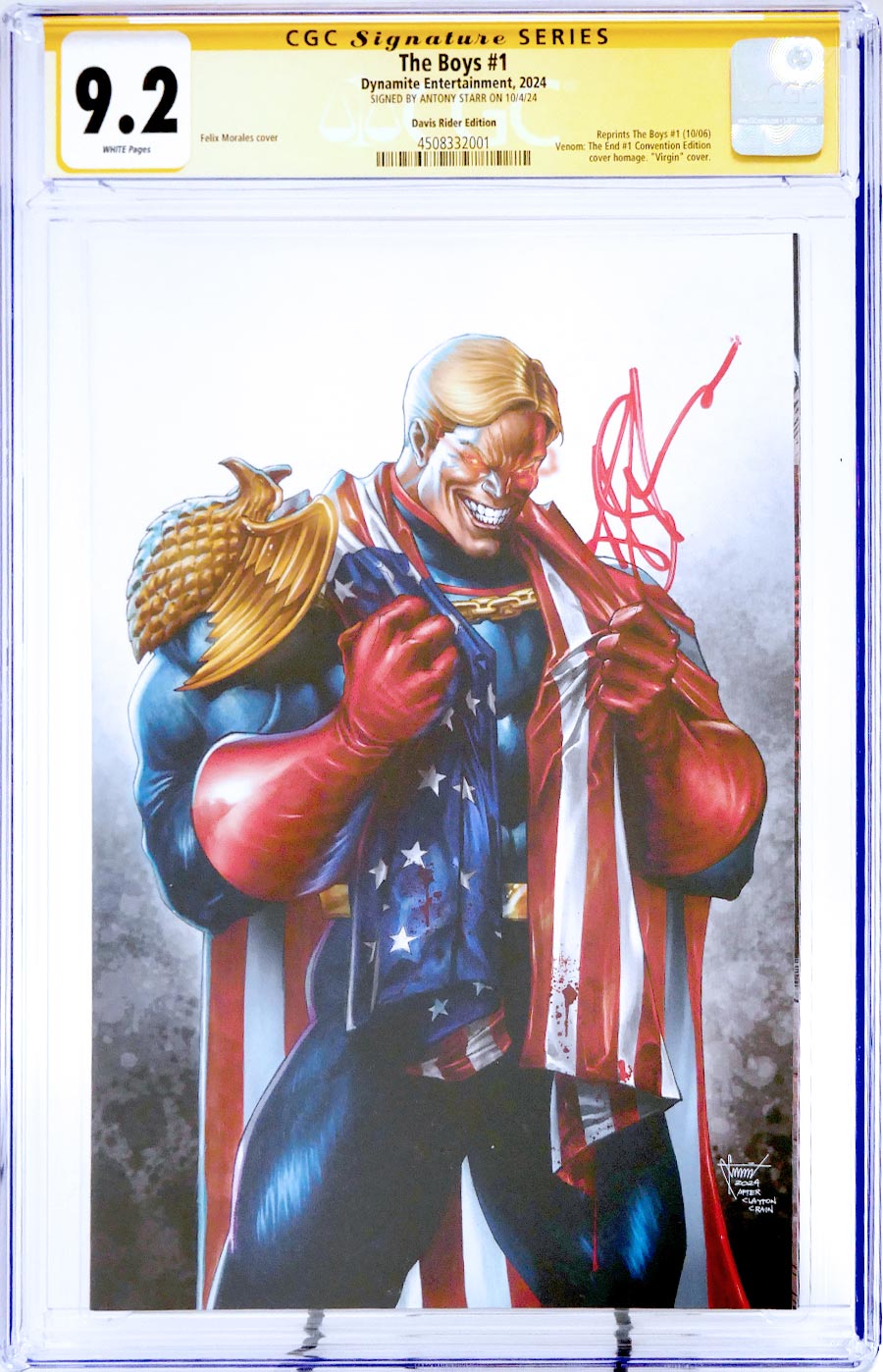 Boys #1 Cover K Variant Felix Morales Convention Edition CGC Signature Series 9.2 Signed By Antony Starr