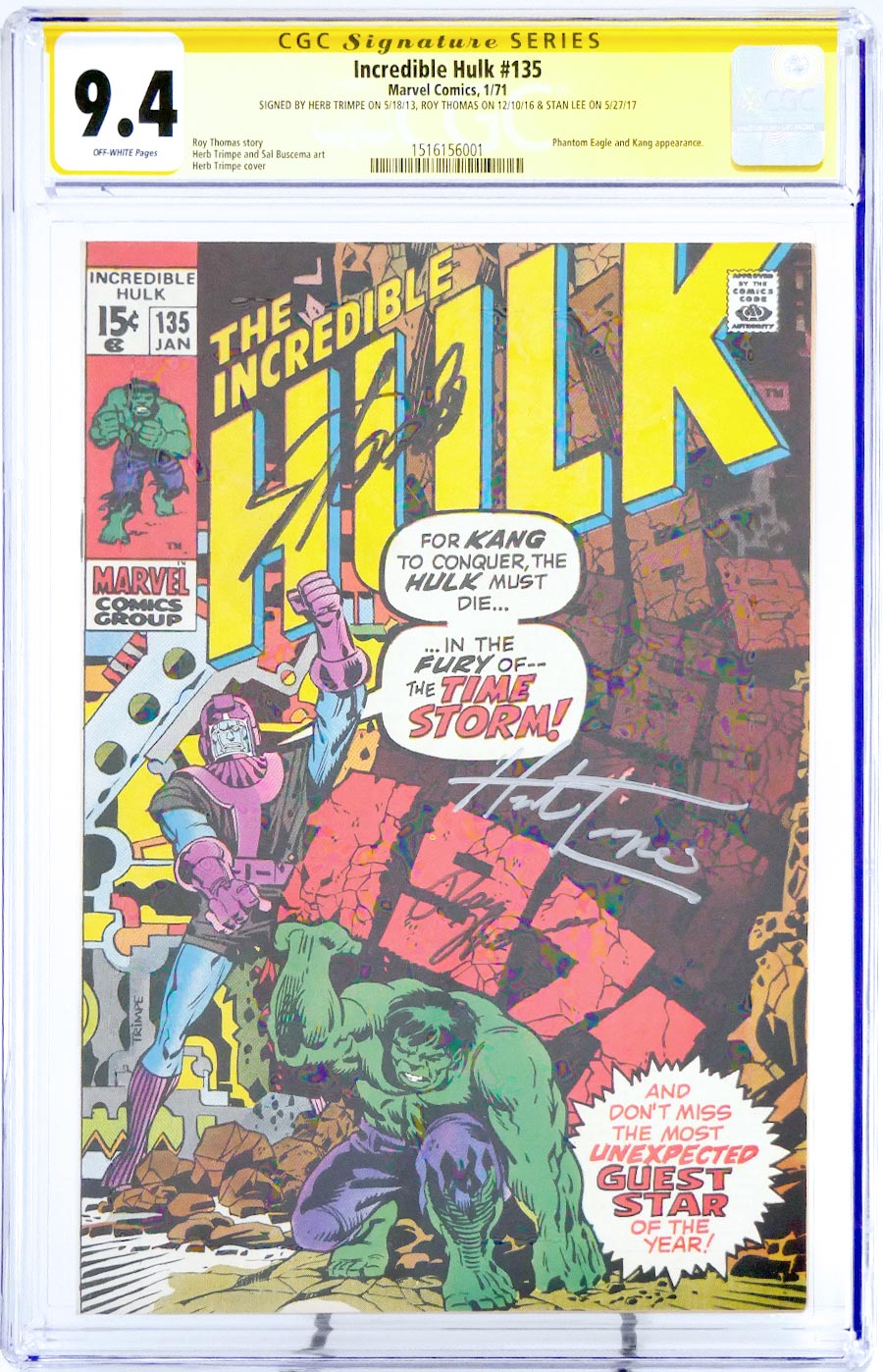 Incredible Hulk #135 Cover B CGC Signature Series 9.4 Signed By Stan Lee Roy Thomas Herb Trimpe
