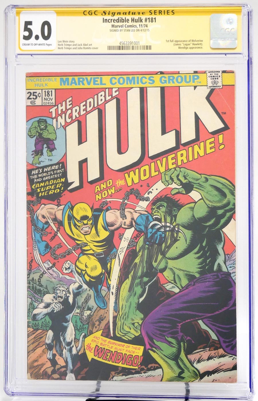 Incredible Hulk #181 Cover Q 1st Ptg CGC Signature Series 5.0 Signed By Stan Lee