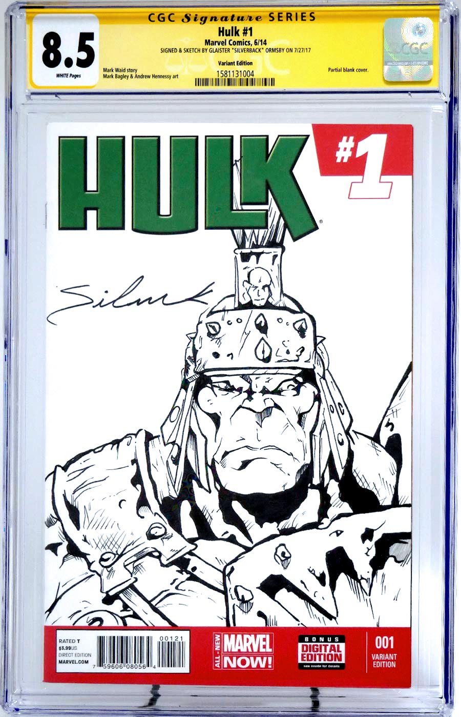 Hulk Vol 3 #1 Cover H Variant Blank Cover CGC Signature Series 8.5 Signed & Sketched By Glaister Ormsby