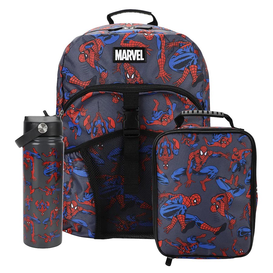 Marvel Spider-Man Classic All-Over Print Gray 16-Inch Backpack With Lunchbox Set And Stainless Steel Water Bottle
